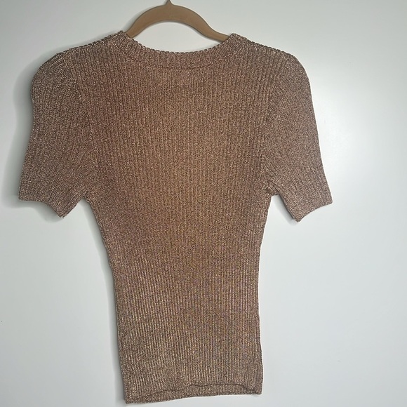 H&M Sz S Bronze Rose Gold Metallic Rib Knit Short Sleeve Sweater - New with Tags - Picture 3 of 6